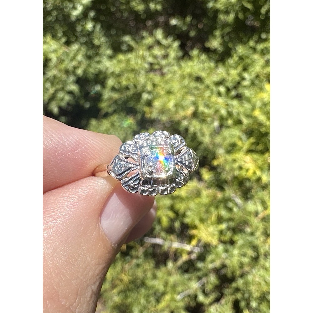 Antique 14k Solid Yellow White Gold Engraving High‎ Quality Natural Diamond Ring